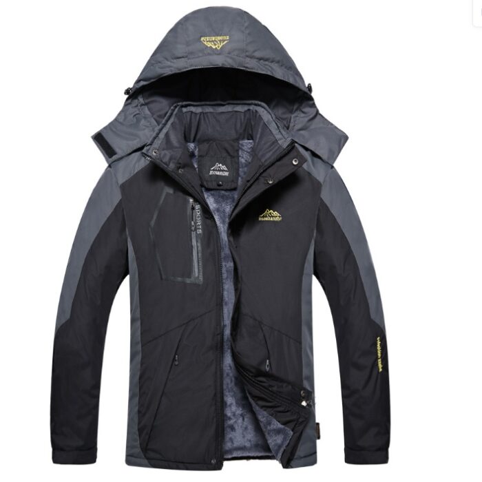 Close-up of the thick faux fur collar and weather-resistant shell on a mens fleece lined winter jacket.