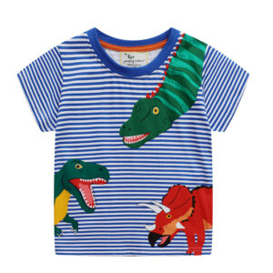 A happy little boy wearing a comfortable boys cotton dinosaur t shirt for everyday summer play.
