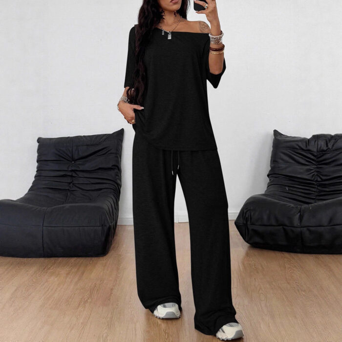 Close-up of the premium, breathable fabric on a casual two piece outfit women.