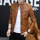 A stylish man wearing a versatile mens lightweight faux leather jacket for a smart-casual look.