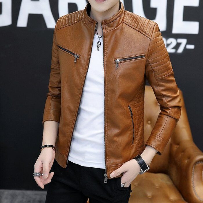 A stylish man wearing a versatile mens lightweight faux leather jacket for a smart-casual look.