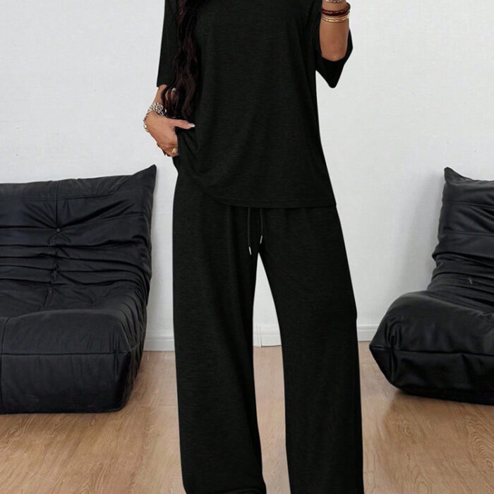 Close-up of the premium, breathable fabric on a casual two piece outfit women.