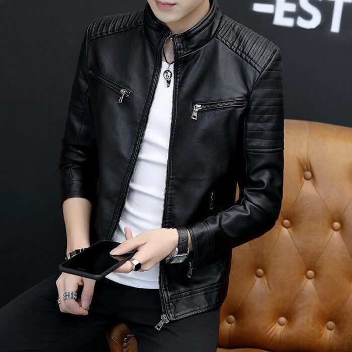 A stylish man wearing a versatile mens lightweight faux leather jacket for a smart-casual look.