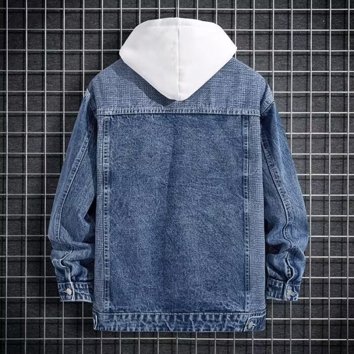 A stylish man wearing a versatile mens hooded denim jacket for a casual layered streetwear look.