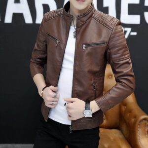 43ab95ae-8575-43d1-9a5c-faef13926039.jpg A stylish man wearing a versatile mens lightweight faux leather jacket for a smart-casual look.