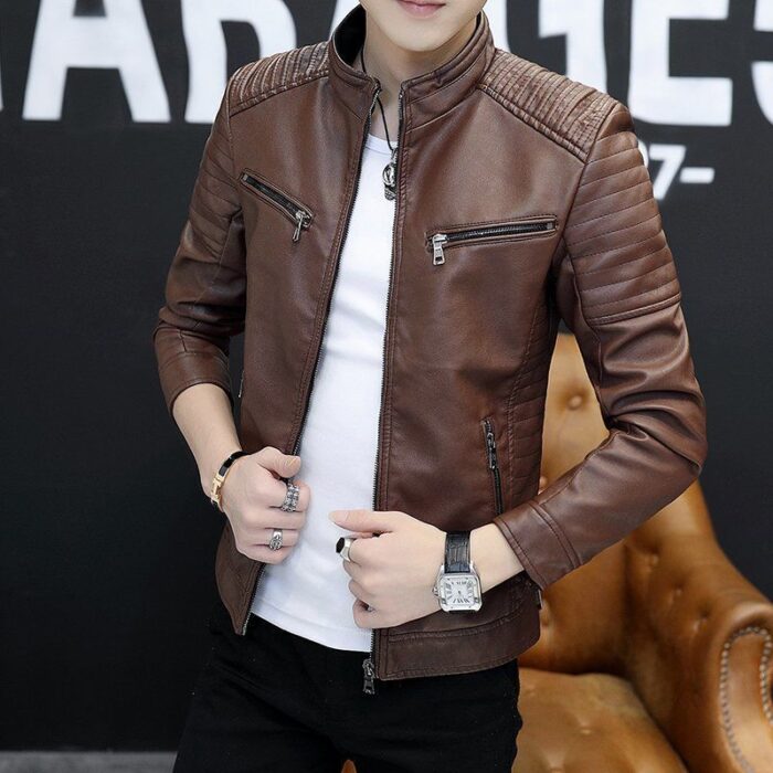 A stylish man wearing a versatile mens lightweight faux leather jacket for a smart-casual look.