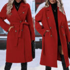 Close-up of the adjustable belt and classic lapel on a double breasted coat for women.