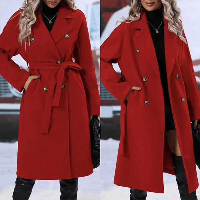 Close-up of the adjustable belt and classic lapel on a double breasted coat for women.
