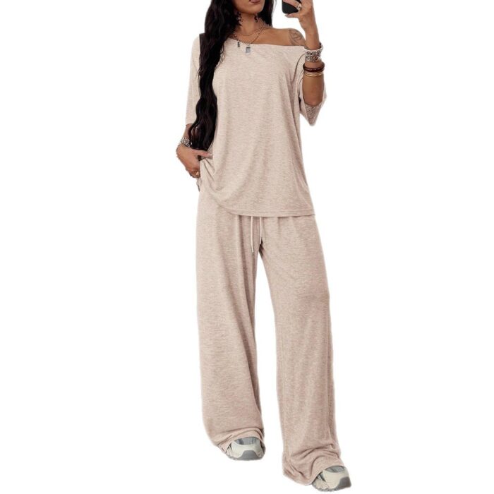 Close-up of the premium, breathable fabric on a casual two piece outfit women.