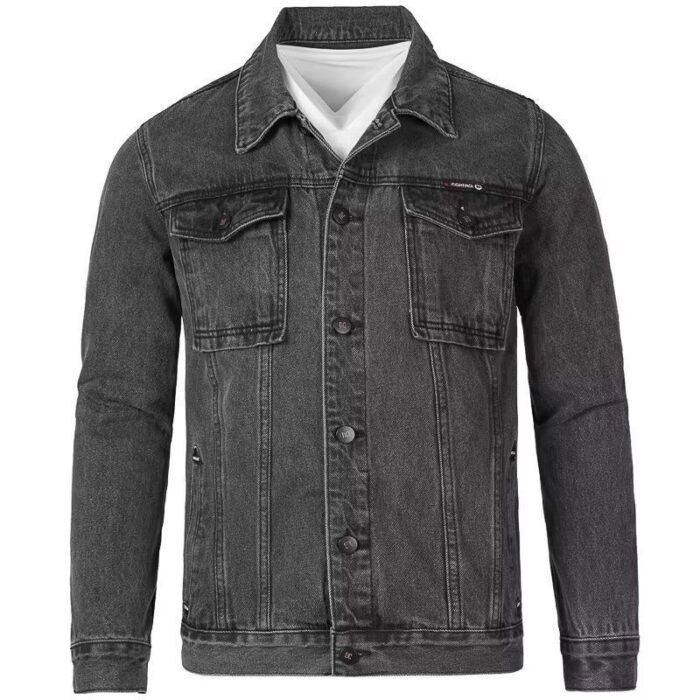 64b436c6-12a2-4f69-8289-36f937caf380.jpg A stylish man wearing a trendy mens slim fit denim jacket for a sleek Korean streetwear look.