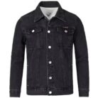 A stylish man wearing a trendy mens slim fit denim jacket for a sleek Korean streetwear look.