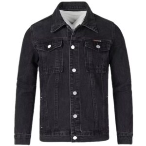 A stylish man wearing a trendy mens slim fit denim jacket for a sleek Korean streetwear look.