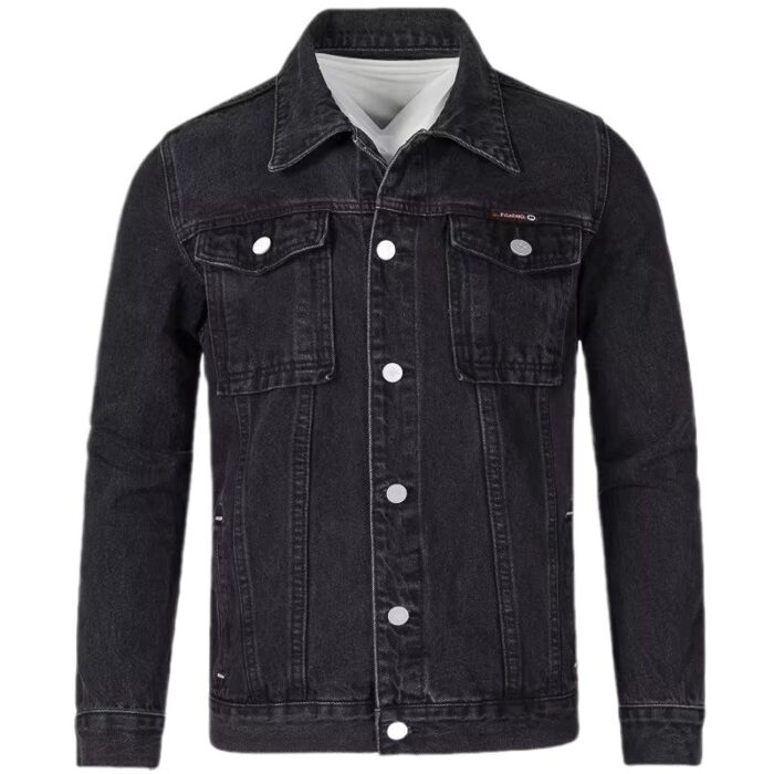 6519d395-4cf7-4975-aa34-03b48e0e8bb4.jpg A stylish man wearing a trendy mens slim fit denim jacket for a sleek Korean streetwear look.
