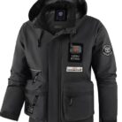 Close-up of the attached hood and premium lightweight fabric on a casual workwear jacket for men.