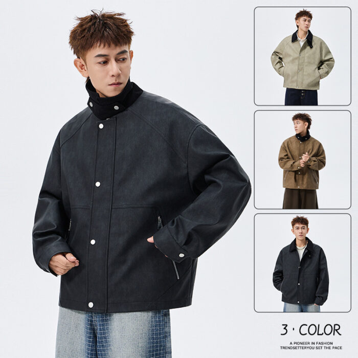 A stylish man wearing a classic mens plus size faux leather jacket for a smart-casual everyday look.