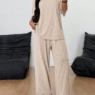 Close-up of the premium, breathable fabric on a casual two piece outfit women.