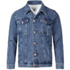 A stylish man wearing a trendy mens slim fit denim jacket for a sleek Korean streetwear look.