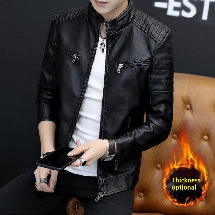 A stylish man wearing a versatile mens lightweight faux leather jacket for a smart-casual look.