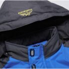 Close-up of the thick faux fur collar and weather-resistant shell on a mens fleece lined winter jacket.