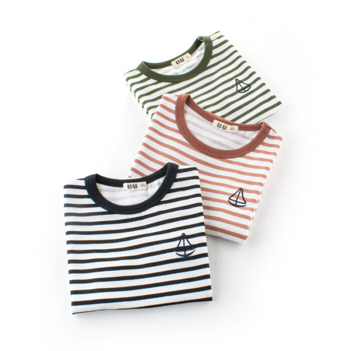 86a7eb15-a7c1-45ba-9ff5-b4f467134f45.jpg A cute child wearing a comfortable kids striped cotton t shirt for everyday summer play.
