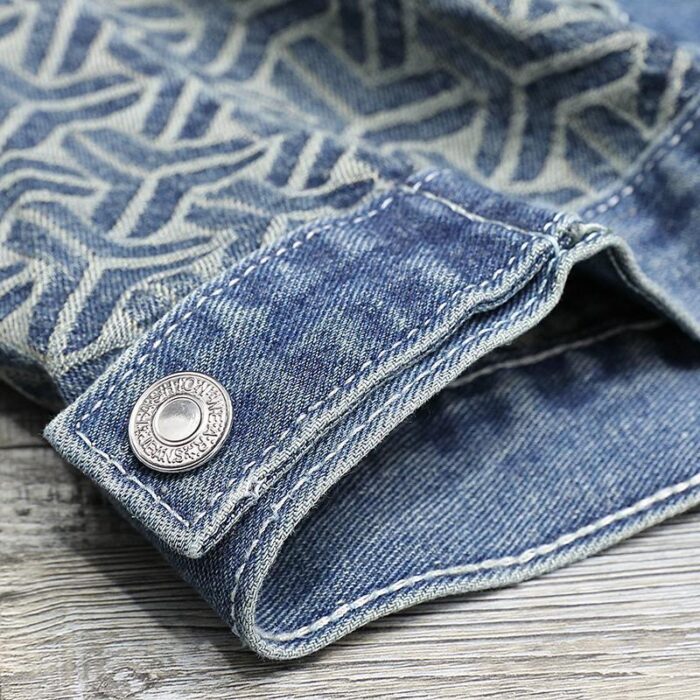 A stylish man wearing a trendy mens patchwork denim jacket for a casual streetwear look.