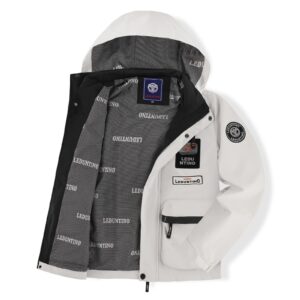 Close-up of the attached hood and premium lightweight fabric on a casual workwear jacket for men.
