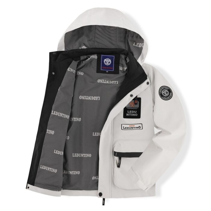 91642f90-e736-4af9-8ce2-dd7a05f8d50c.jpg Close-up of the attached hood and premium lightweight fabric on a casual workwear jacket for men.