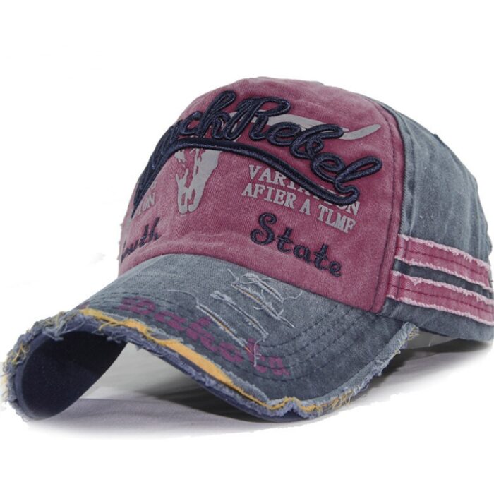 Close-up of the premium breathable cotton and classic curved brim on a distressed classic dad hat.