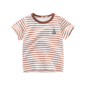 A cute child wearing a comfortable kids striped cotton t shirt for everyday summer play.