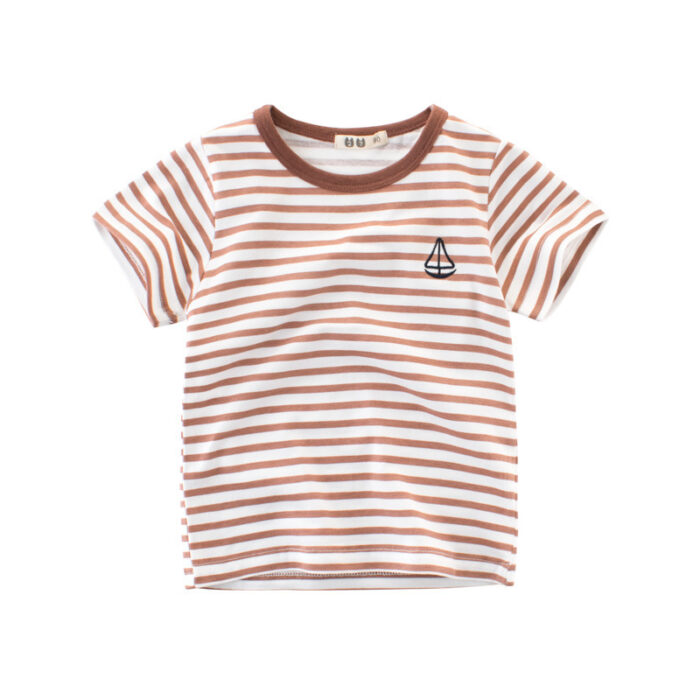 9521038e-693e-4670-aa00-29667a9eeb80.jpg A cute child wearing a comfortable kids striped cotton t shirt for everyday summer play.