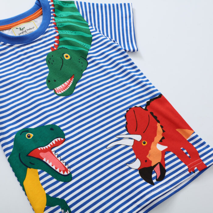A happy little boy wearing a comfortable boys cotton dinosaur t shirt for everyday summer play.
