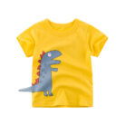 A happy little boy wearing a cute kids dinosaur shirt for summer play.