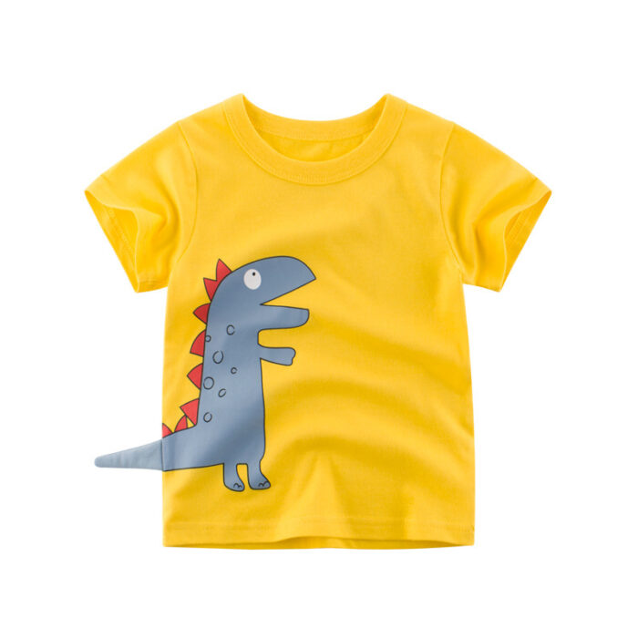 A happy little boy wearing a cute kids dinosaur shirt for summer play.