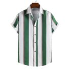 A stylish man wearing a classic mens short sleeve striped shirt for a casual summer look.