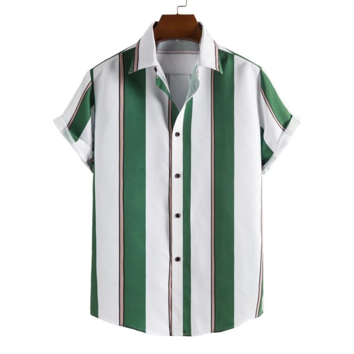 99d28004-8586-43ac-852e-2791efce01b4.jpg A stylish man wearing a classic mens short sleeve striped shirt for a casual summer look.