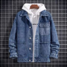 A stylish man wearing a versatile mens hooded denim jacket for a casual layered streetwear look.
