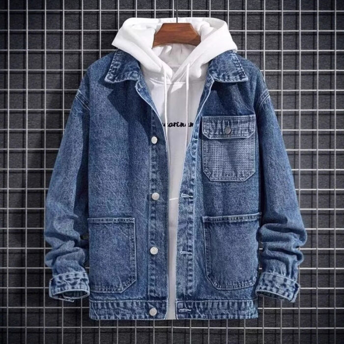 A stylish man wearing a versatile mens hooded denim jacket for a casual layered streetwear look.