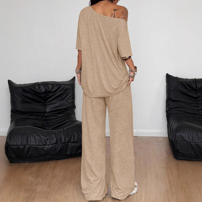 Close-up of the premium, breathable fabric on a casual two piece outfit women.