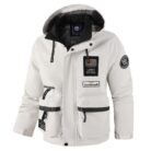 Close-up of the attached hood and premium lightweight fabric on a casual workwear jacket for men.