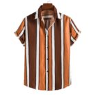 A stylish man wearing a classic mens short sleeve striped shirt for a casual summer look.