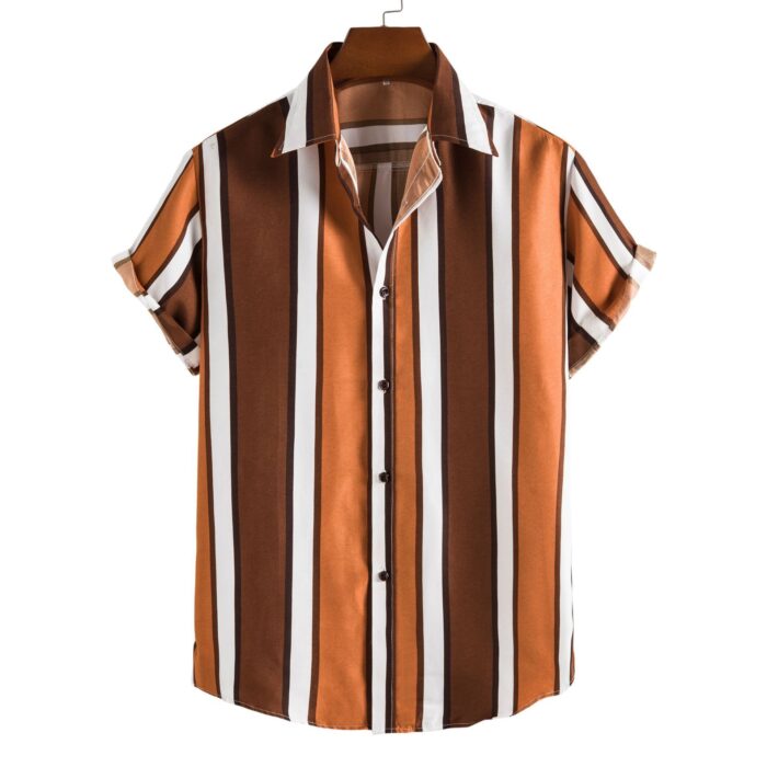 a9039e33-2e72-4c2f-a831-6d6eeaf477c9.jpg A stylish man wearing a classic mens short sleeve striped shirt for a casual summer look.