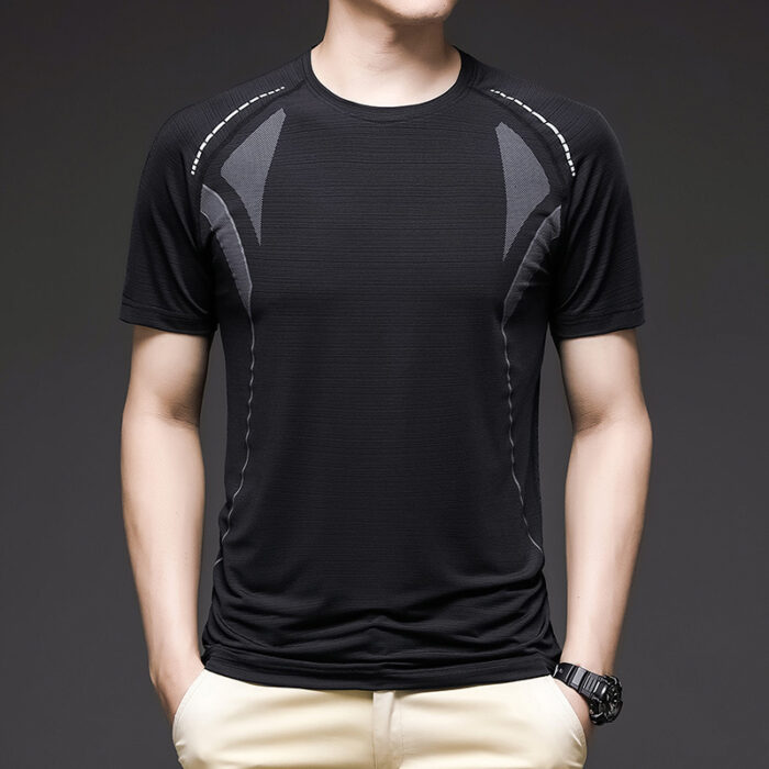 A man staying cool in the summer heat wearing a breathable mens ice silk t shirt.