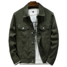 A stylish man wearing a versatile mens workwear denim jacket for a rugged everyday look.