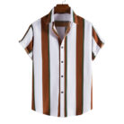 A stylish man wearing a classic mens short sleeve striped shirt for a casual summer look.