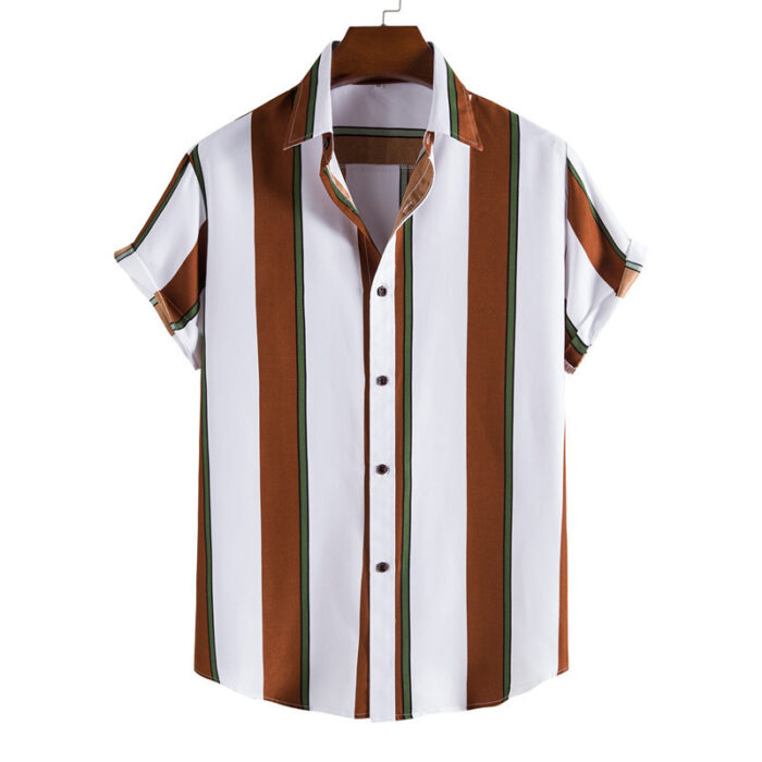 b2b38761-6f40-4459-a147-d7de221bc317.jpg A stylish man wearing a classic mens short sleeve striped shirt for a casual summer look.