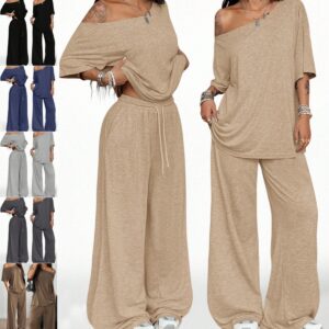 Stylish young woman wearing a comfortable womens long sleeve coords set.