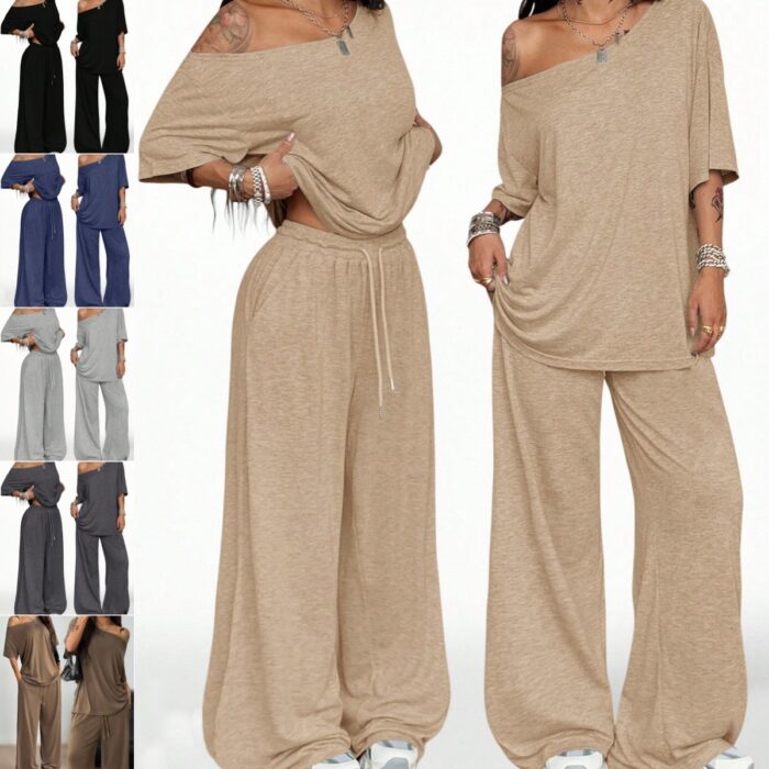 Stylish young woman wearing a comfortable womens long sleeve coords set.