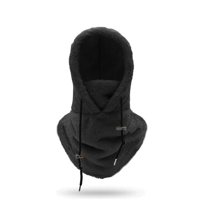 Person staying warm while wearing a thick winter fleece balaclava hat.