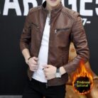 A stylish man wearing a versatile mens lightweight faux leather jacket for a smart-casual look.