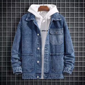 A stylish man wearing a versatile mens hooded denim jacket for a casual layered streetwear look.